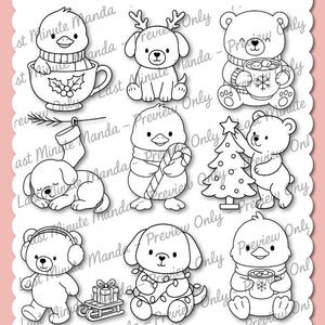 Set di timbri digitali Cozy Christmas Companions in bianco e nero / PNG e JPEG / Cuddles, Biscuit e Pip Christmas Line Art / Uso personale