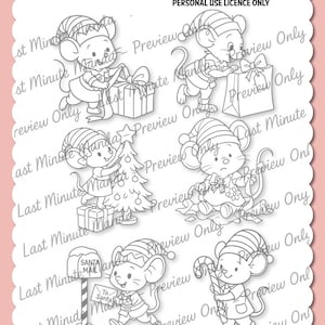 Christmas Mouse Digi Stamp Set – Cute Animal Digital Stamps for Cardmaking, Coloring Pages, Scrapbooking, Cricut & Holiday Crafts