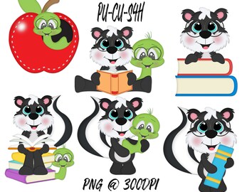 Bookworm Skunks clipart PNG Graphics -Digital Clipart cute-Instant Download-Commercial Use- Digital Clipart Images