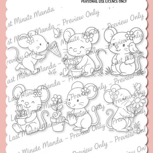 Mouse Digital Stamps – Cute Gardening Clipart PNG, Black & White Line Art for Cardmaking, Scrapbooking, Coloring Pages