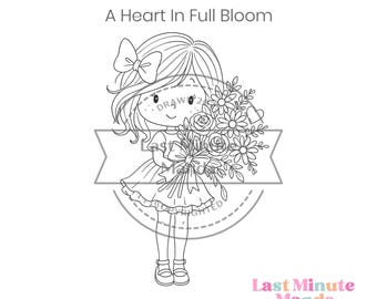 Storybook Girl with Roses Digital Stamp – Valentine's Day Card Making (PNG/JPEG)