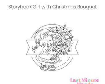 Christmas Girl Flower Bouquet Digital Stamp – Poinsettia Coloring PNG JPG
