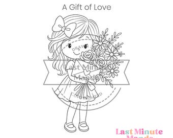 Girl with Bouquet Digital Stamp - Storybook Cardmaking (Digital Download)
