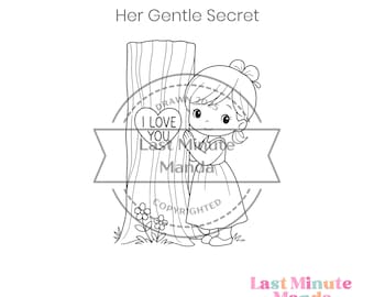 Digitale stempel Storybook Girl – Carved Heart Tree, kaarten maken (PNG JPG)