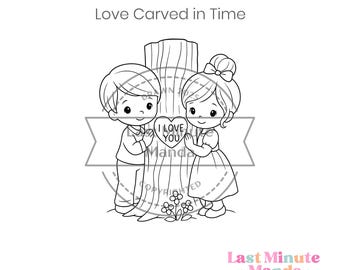Storybook Boy & Girl Digital Stamp - I Love You Tree, Valentine Card (Digital Download)