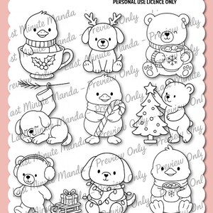 Cozy Christmas Companions Black and White Digi Stamp Set | PNG & JPEG | Cuddles, Biscuit and Pip Christmas Line Art | Personal Use