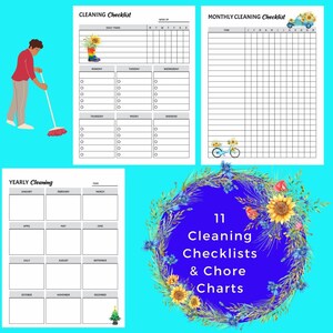 May include: Eleven printable cleaning checklists and chore charts with a floral wreath design. The charts are in black and white with a gray background. The wreath is blue with sunflowers and other flowers.