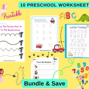 Ten Preschool, Pre-K, Homeschooling Tracing Printable Worksheets/Practice writing numbers and alphabet