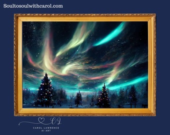 Snowy Holiday PNG File - Digital Ai Art - MidJourney - Winter Wonderland Selection - Holiday Nights - Aurora Borealis