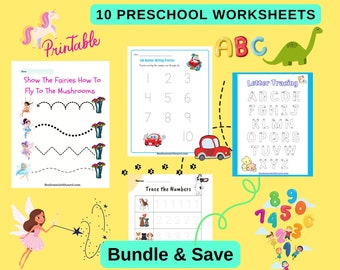 Ten Preschool, Pre-K, Homeschooling Tracing Printable Worksheets/Practice writing numbers and alphabet