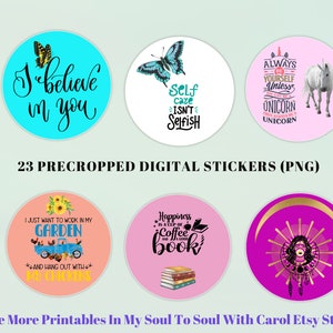 May include: A set of 23 digital stickers featuring various designs, including a blue truck with chickens, a unicorn, a butterfly, and a coffee cup with a book. The stickers are precropped and ready to be used for personal or commercial projects.