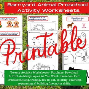 Twenty Barnyard Animal Printable Worksheets Cutting, Tracing, Dot-to-dot, Sequencing & Coloring Preschool, PreK, First Grade Learning image 1