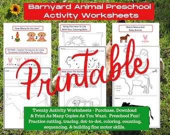 Twenty Barnyard Animal Printable Worksheets (Cutting, Tracing, Dot-to-dot, Sequencing & Coloring) Preschool, PreK, First Grade Learning