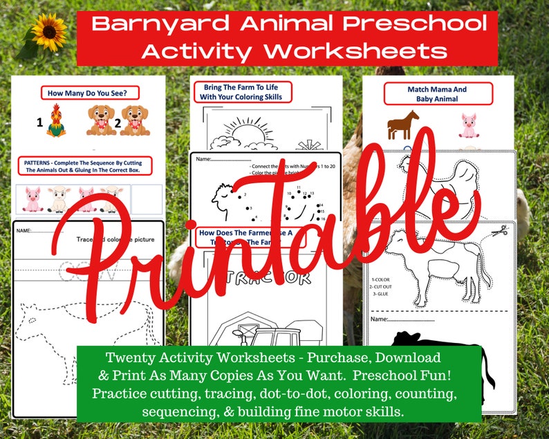 Twenty Barnyard Animal Printable Worksheets Cutting, Tracing, Dot-to-dot, Sequencing & Coloring Preschool, PreK, First Grade Learning image 1