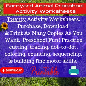 Twenty Barnyard Animal Printable Worksheets Cutting, Tracing, Dot-to-dot, Sequencing & Coloring Preschool, PreK, First Grade Learning image 2