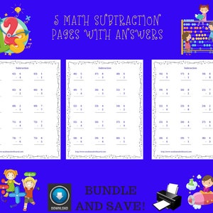 Five Math Subtraction Worksheets With Answers / Wand Borders / Math Printables