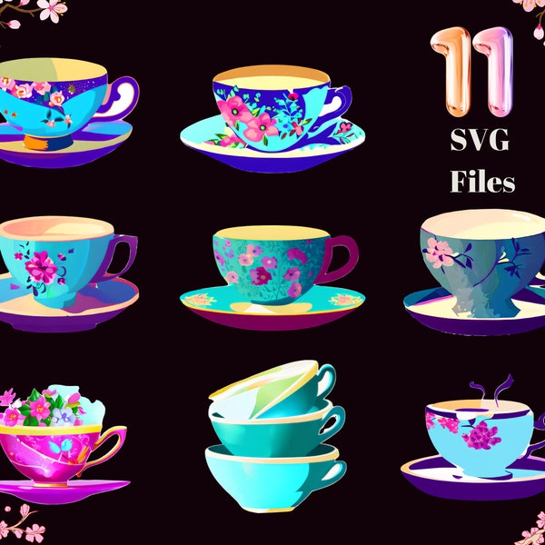 Café thé SVG, Ai Art - (11 fichiers SVG), tasse de thé floral, tasses à café, fichier svg tasse de thé