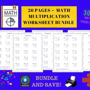 Math Worksheet Bundle / 300 Multiplication Problems Plus Answers / Homeschooling Worksheets / Math Printables / Teacher Resource