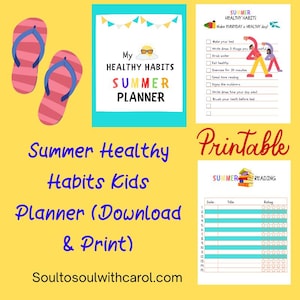 Può includere: Uno sfondo giallo presenta un planner a tema estivo con infradito e il testo "Summer Healthy Habits Kids Planner (Download & Print)". Il planner include un registro di lettura e una lista di controllo giornaliera.