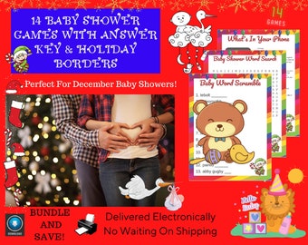 14 Baby Shower Games For December Baby Showers, Printable, Whimsical Christmas Themed Borders