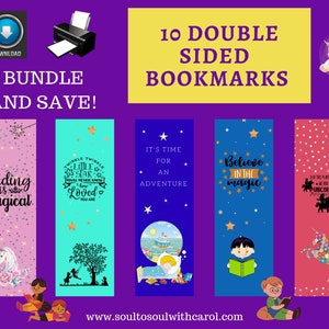 Könnte beinhalten: Ein Set mit 10 doppelseitigen Lesezeichen mit farbenfrohen Designs mit Sternen, Einhörnern und inspirierenden Zitaten. Die Zitate beinhalten "Lesen ist magisch", "Twinkle Twinkle Little Star", "Es ist Zeit für ein Abenteuer", "Glaube an die Magie", und "Auf diesem Spielplatz sind wir Einhörner".