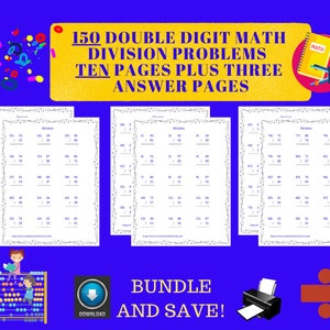 150 Double Digit Math Division Problems / Ten Pages Of Math Printables / Homeschooling Math Printables