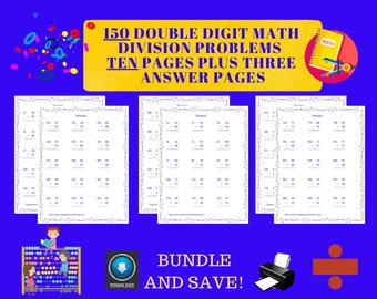 150 Double Digit Math Division Problems / Ten Pages Of Math Printables / Homeschooling Math Printables