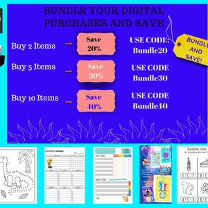 May include: A blue and yellow graphic with the text "Bundle Your Digital Purchases and Save". The graphic shows different discounts for buying 2, 5, or 10 items. The discount codes are "Bundle20", "Bundle30", and "Bundle40".