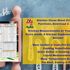 May include: A printable kitchen cheat sheet with a yellow background and text that reads "Kitchen Cheat Sheet Printable. Purchase, Download & Print! Kitchen Measurements At Your Finger Tips. Place Inside A Kitchen Cupboard Door For Easy Access! Slow Cooker & Insta Pot Conversions Cooking Substitutions Grain Ratios & Cooking Times Liquid Measurements Meat Temperature Guide For Beef, Poultry & Pork".
