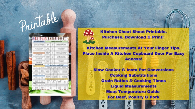 May include: A printable kitchen cheat sheet with a yellow background and text that reads "Kitchen Cheat Sheet Printable. Purchase, Download & Print! Kitchen Measurements At Your Finger Tips. Place Inside A Kitchen Cupboard Door For Easy Access! Slow Cooker & Insta Pot Conversions Cooking Substitutions Grain Ratios & Cooking Times Liquid Measurements Meat Temperature Guide For Beef, Poultry & Pork".