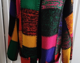SIMON CHANG Vintage Funky PATCHWORK Rare Knitted Sweater Coat Colorful Fun Cardigan, Designer Boho Medium