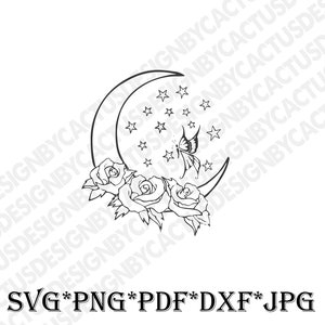 Moon Svg, Floral Moon Svg, Floral Svg, Moon Clipart, Moon Vector, Moon Cut File, Svg,Dxf, Png, Cricut Files, Vector, Stencil, Silhouette