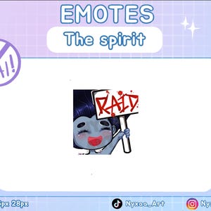 Peut inclure: Illustration numérique d'un emote avec un personnage à la peau bleue tenant une pancarte avec le mot "RAID" en rouge. L'image est placée sur un fond dégradé bleu clair et violet avec le texte "EMOTES" et "The spirit".