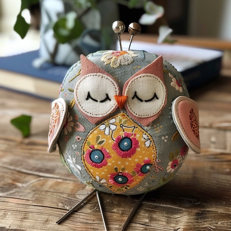 K&ouml;nnte beinhalten: Ein blauer und gelber Patchwork-Eulen-Nadelkissen mit rosa Fl&uuml;geln und gestickten Augen. Die Eule sitzt auf einem Metallst&auml;nder mit drei Beinen.