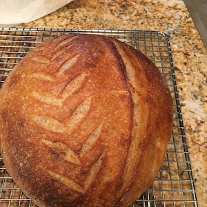 May include: A freshly baked loaf of sourdough bread with a deep brown crust and a decorative leaf pattern scored into the top.
