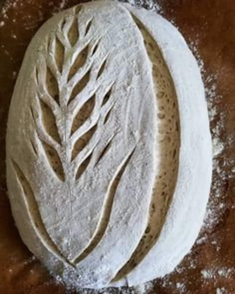 May include: A close-up of a loaf of sourdough bread with a wheat design scored into the top. The bread is dusted with flour and has a light brown crust.