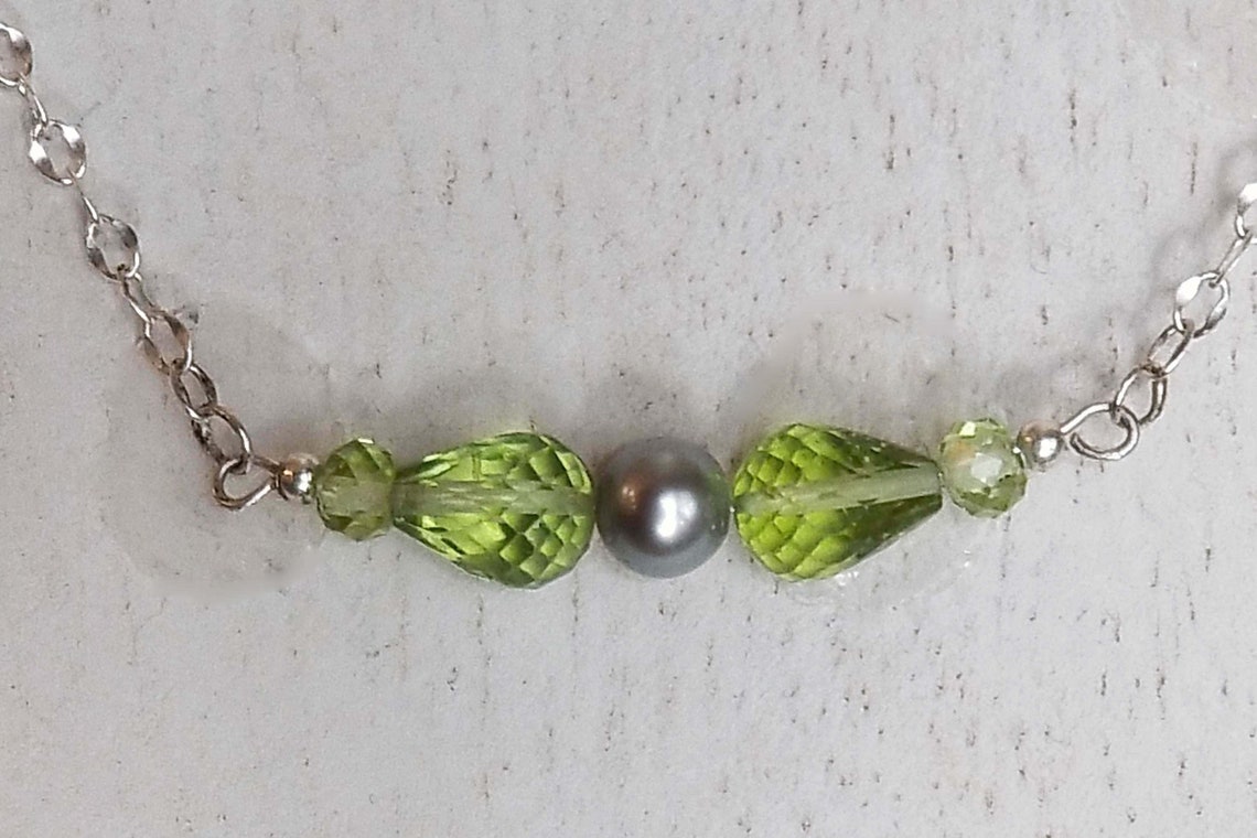 Peridot & Gray Pearl Sterling Silver Bar Necklace Convertible 18 to 16