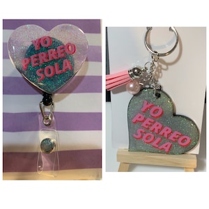 Yo Perreo Sola Heart Badge Reel & Keychain Set