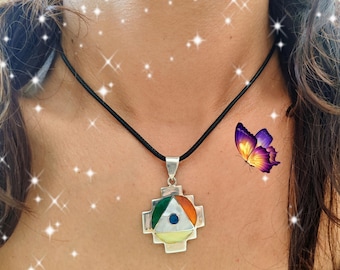 Pendant, 950 Silver, Inca Jewel, Chakana-Natural Stones, Handmade in Cusco. Large Andean Cross, Machu Picchu Cosmovision - Chacapa