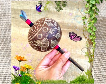 Shipibo Shaman's Maraca, Sacred Vine, Hummingbird, Jaguar, Ceremonial Cleansing Instrument, Hand-Carved. Sounds. Shaker. Chacapa. Rattle