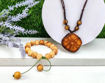 Palo Santo and Aya Vid Necklace and Bracelet Set - Protection Pendant, Mystical, Native Handcrafted - Adjustable Spiritual Connection Bracelet
