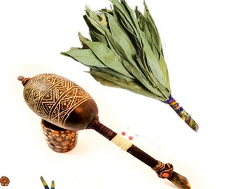 1 Chacarpa plus 1 Maraca with Sacred Vine, Shakapa, Chacapa, Rattle Shaman Tool, Cleaning, Ceremonial Instrument- Handmade.