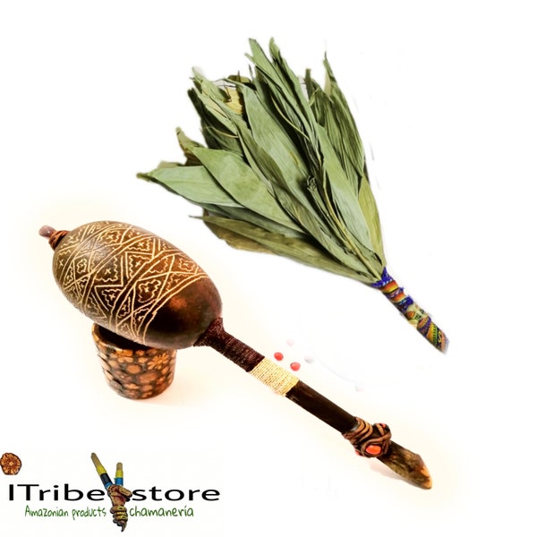 1 Chacarpa plus 1 Maraca with Sacred Vine, Shakapa, Chacapa, Rattle Shaman Tool, Cleaning, Ceremonial Instrument- Handmade.