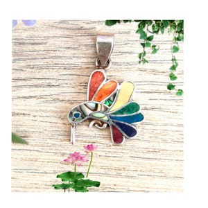 Puede incluir: Colgante de plata con forma de colibrí y detalles incrustados de colores. Las alas muestran un arcoíris de colores, incluyendo rojo, naranja, amarillo, verde, azul y morado. El colgante tiene un cuerpo iridiscente y un pico largo y delgado.