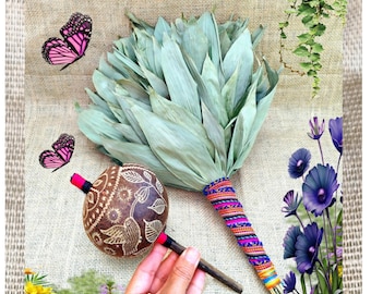 Chacapa Kit + Shipibo Hummingbird Maraca, Rattle, Shaman Tool, Cleansing, Ceremonial Instrument, Made by Shipibos in Peru, LEAVES.