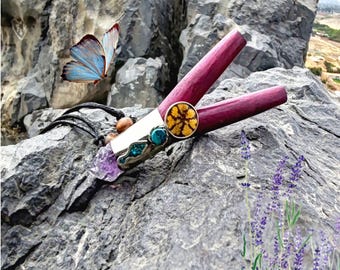 KURIPE Ceremonial Shamanic, Tepi/Applicator, made of Palo Rosa wood, natural finish, Amazon style, decorated with quartz and Alpaca Silver