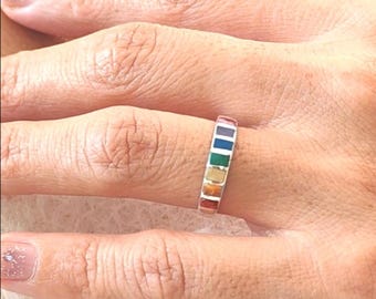 Ring, Peruvian Inca Jewelry, 950 Sterling Silver, Handmade in Cusco, Ancestral Ring, 7 Color Design, Natural Stone Inlay - T6