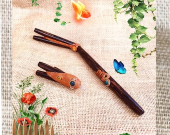 Kuripe, Tepi Double holemade of Chonta wood, Mystic Wood - Shock Resistant. Nasal Applicator. Double Entrance-Quartz, Aya-Alpaca Silver
