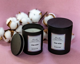 Soy wax handmade scented candle in a black jar, refreshing clean cotton scent