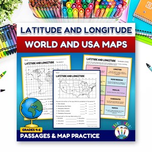 以下が含まれることがあります： グレード4-6向けの「Latitude and Longitude World and USA Maps」と題された教育用アクティビティセット。世界地図とアメリカ地図のワークシート、語彙カード、地球儀のイラストが含まれており、地理の練習や地図スキルの習得を目的としています。